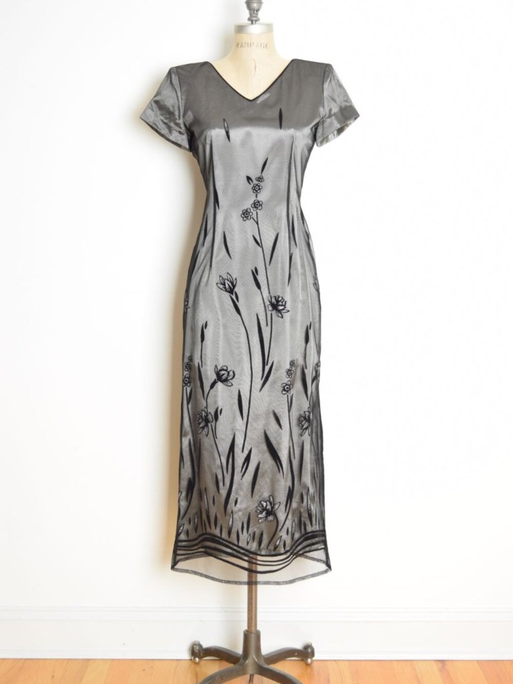 vintage 90s dress black mesh gray taffeta flocked floral print whimsigoth maxi M